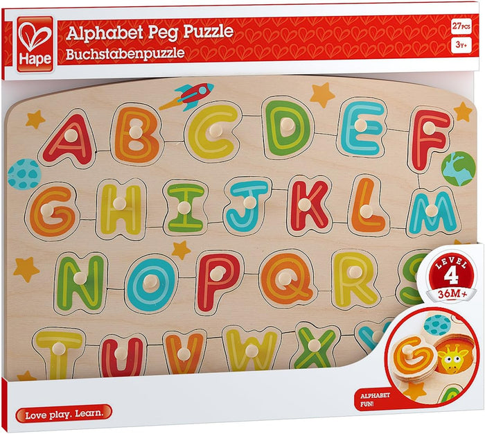 Packaging of Hape Alphabet Peg Puzzle featuring a colorful board with letters A to Z in bright fonts, along with the Hape logo and age recommendation.