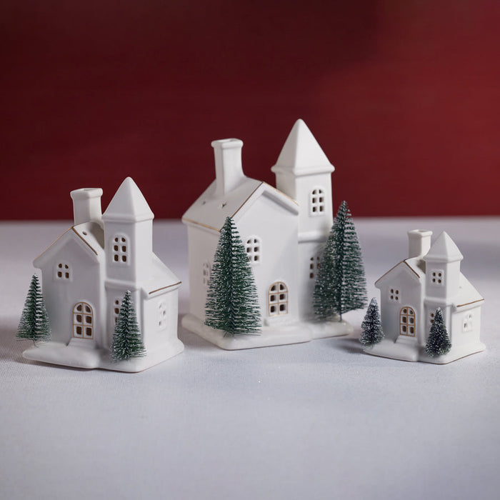 Alpina LED Porcelain House with Trees - Matte White with Green Trees - Christmas Decor by Carlyle Avenue