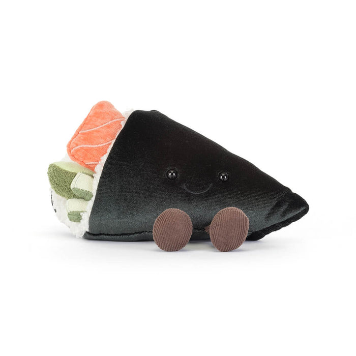 Plush toy resembling a sushi roll with black rice, pink salmon, and green wasabi on a white background.