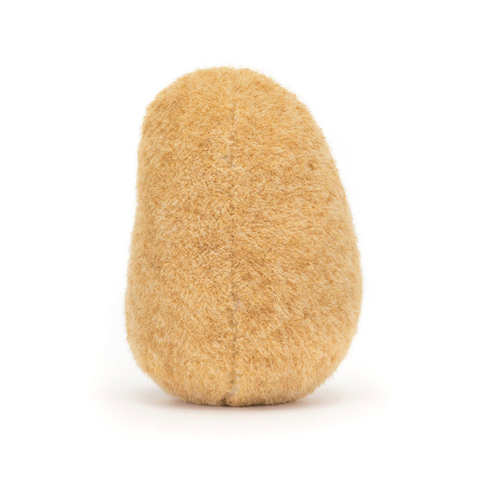 Rear view of a plush toy shaped like a potato on a white background