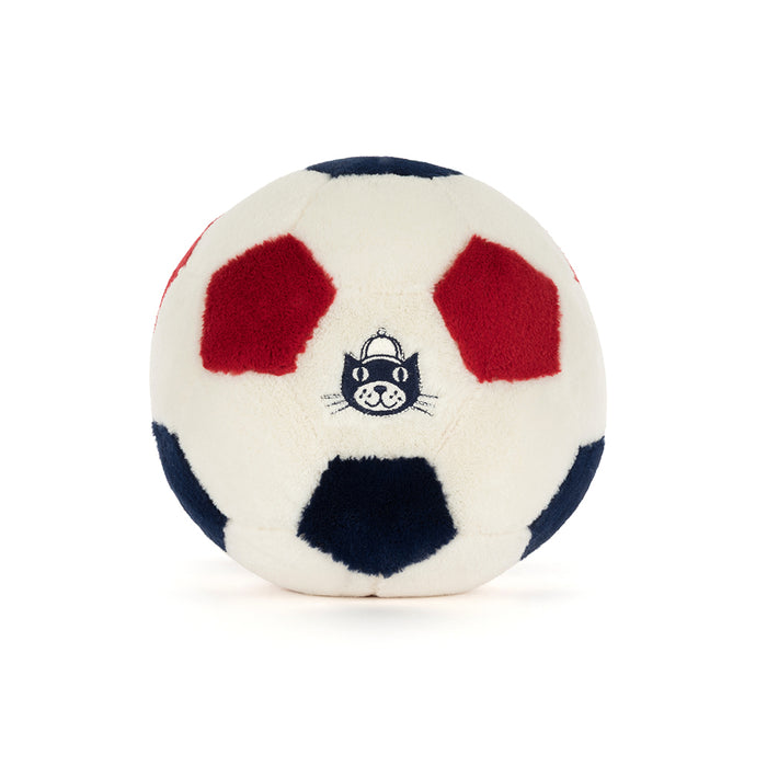 Soccer ball-shaped toy with a cat face design on a white background