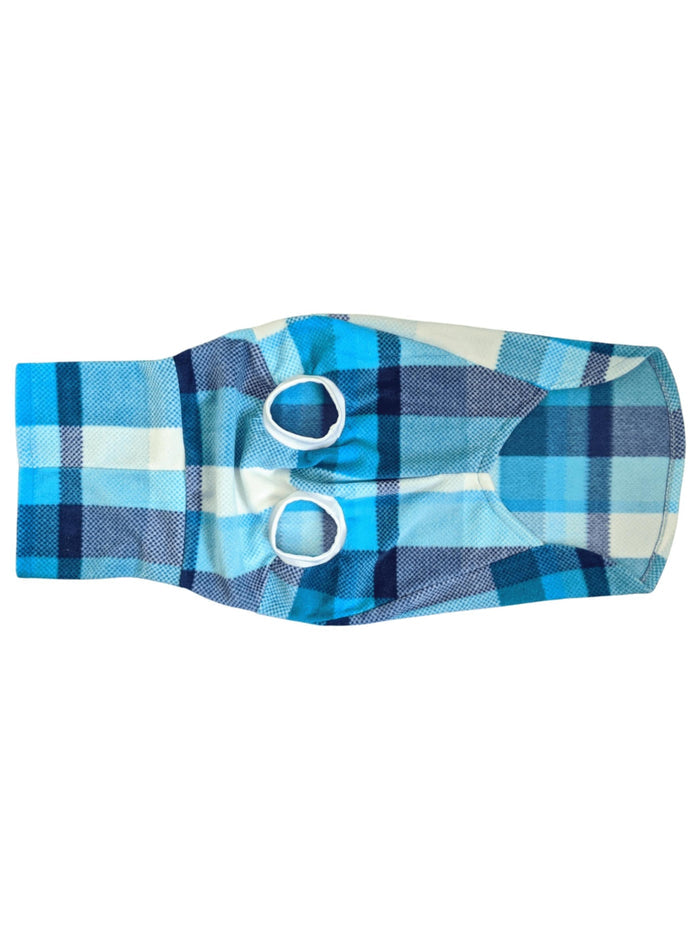 Underbelly view of a blue plaid dog sweater with a turtleneck, made by Jax & Molly's