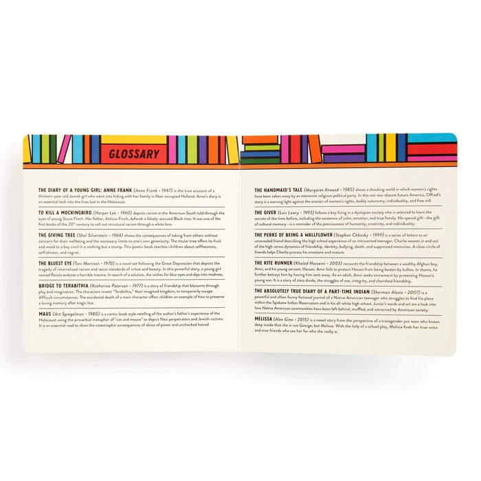 Glossary of 'Babys First Book of Banned Books' on a white background