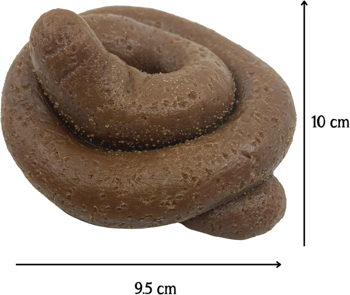 Brown fake poop with dimensions labeled on a white background