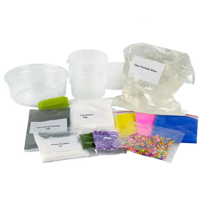 Assorted Slime supplies including containers, powders, and small bags on a white background