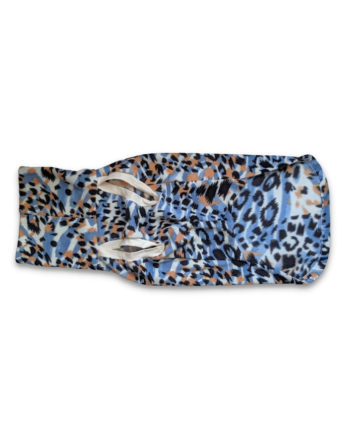 Blue leopard fleece dog sweater, flat underside view