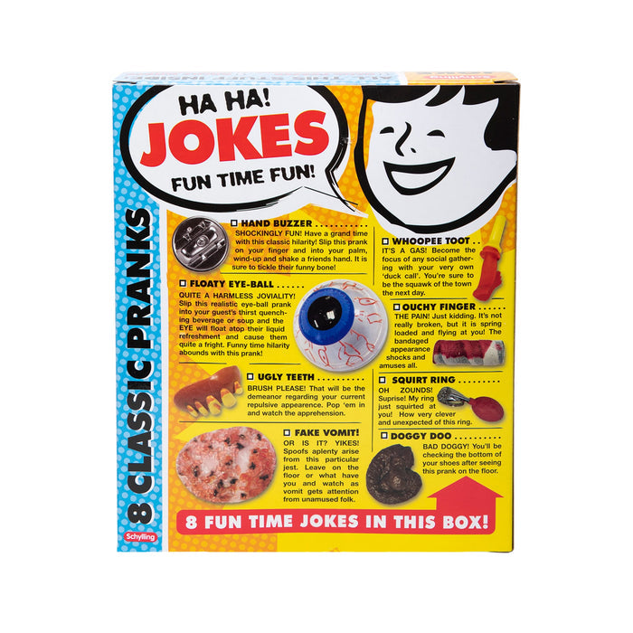 Back of the box of Box of Jokes on a white background