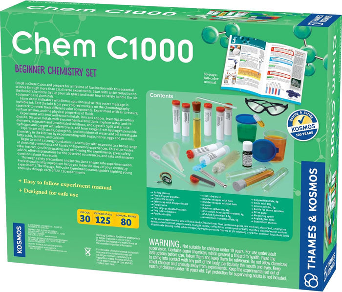 Box of Thames & Kosmos Chem C1000 beginner chemistry set with images of laboratory equipment and safety goggles.