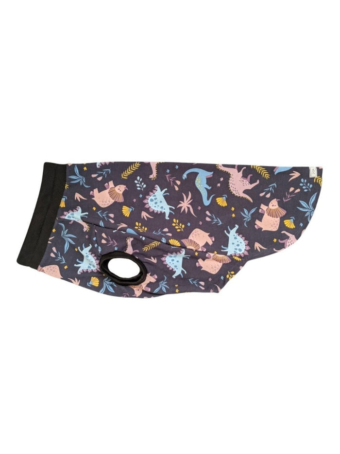 Display of Jax & Molly's Dog Pajamas, featuring a charming navy background embellished with pastel-colored dinosaurs.