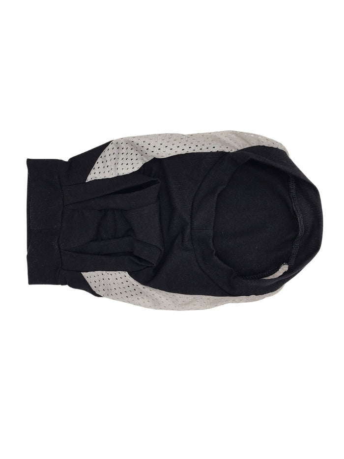 Underbelly view of a black muscle tank for dogs with gray mesh sides to emulate a sports jersey.
