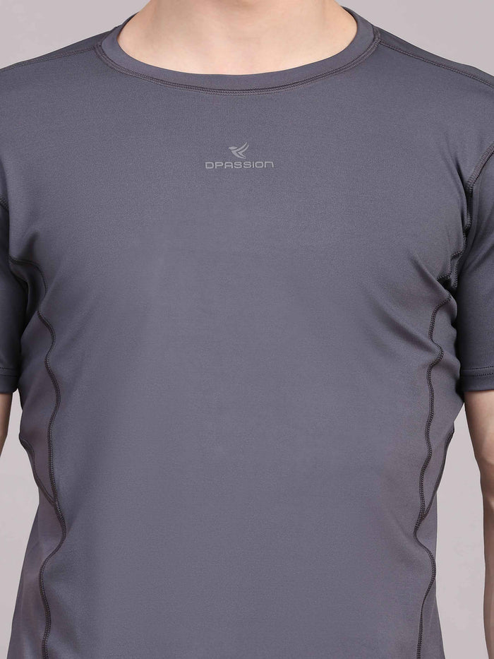 Dpassion Men Solid Grey Performance T Shirt Breathable Gym Training Wear