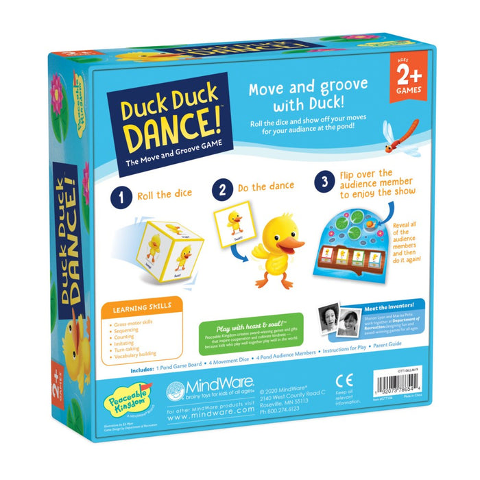 Back of the box for Duck Duck Dance on a white background.