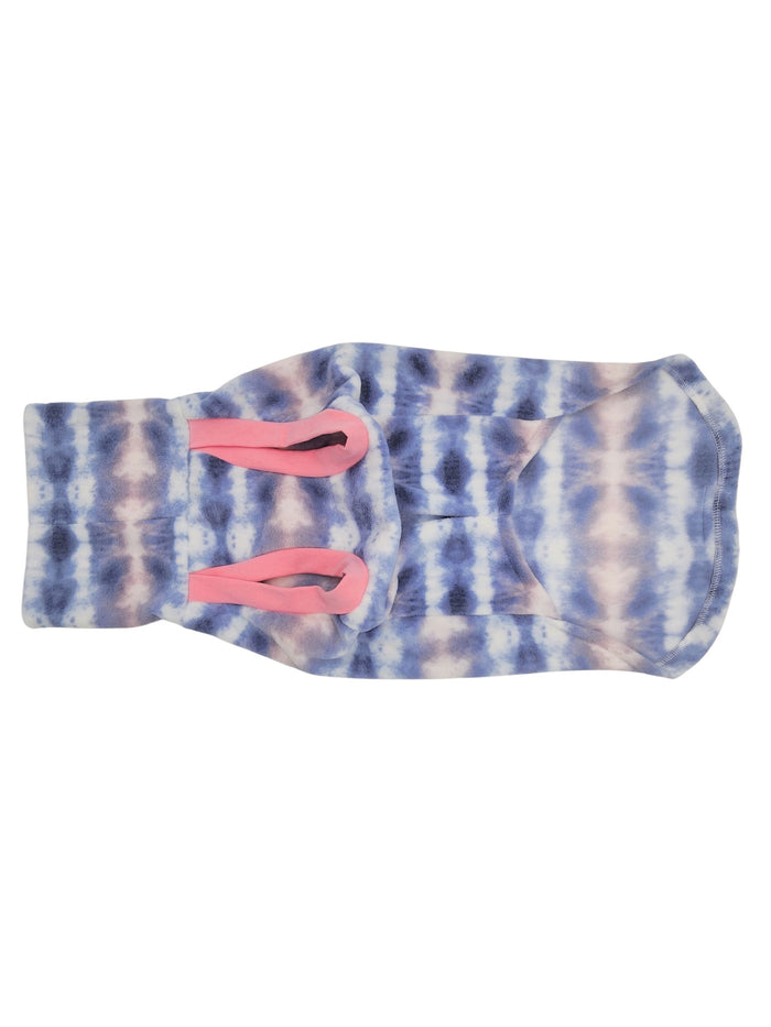 Underbelly view of Jax & Molly's purple pink tie-dye style fleece dog sweater with pink trim.