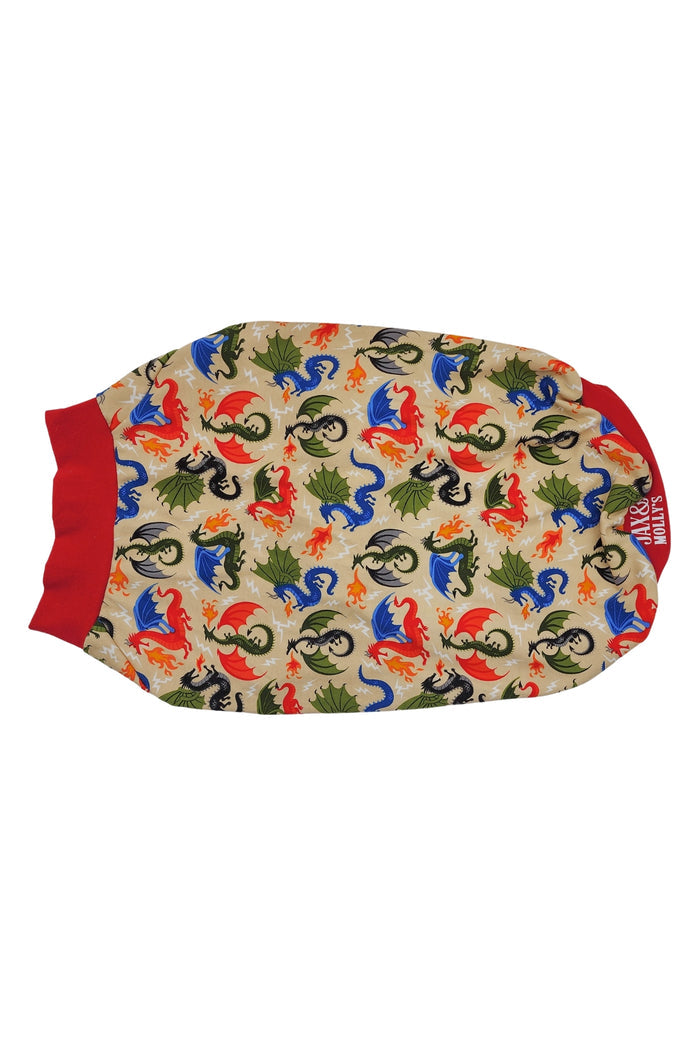 Back view of Fire Dragon cotton spandex dog pajamas with dragon print pattern