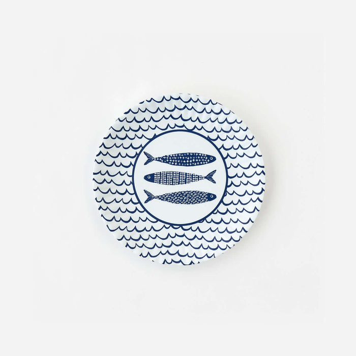 fish-inspired melamine dinner plate with a blue paper plate design.