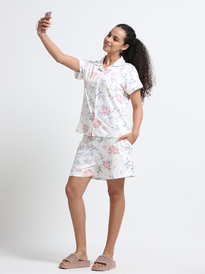 Floral White Shorts Set