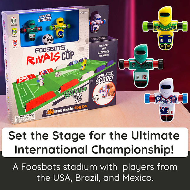 Foosbots toy set with packaging and toy figures on a table.