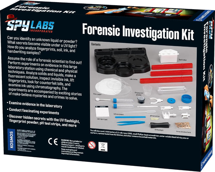Reverse side of the box for the Forensic Investigation Kit on a white background.