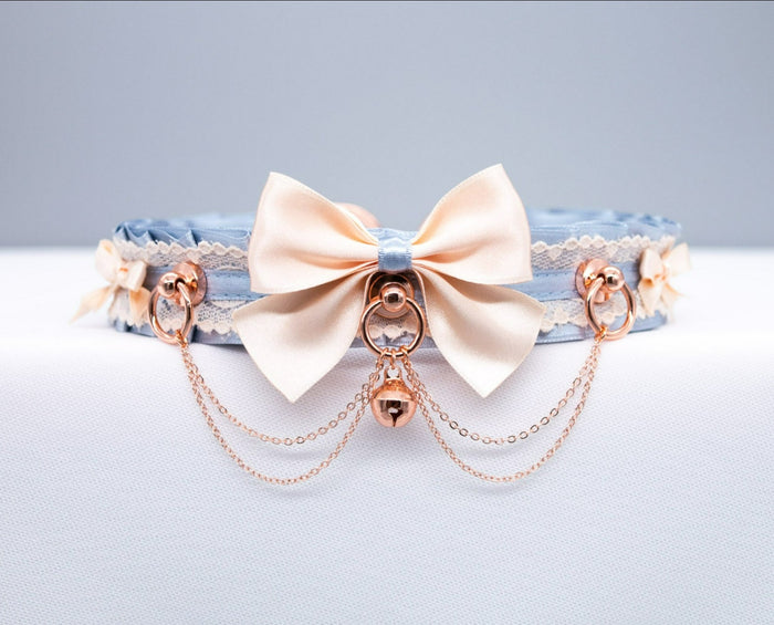 French Blue and Cream Chained Rose Gold Luxury Pet Play Collar