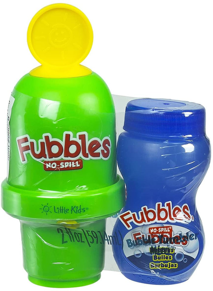 Green mini tumbler with a yellow bubble wand and a small blue bottle of bubble solution on a white background