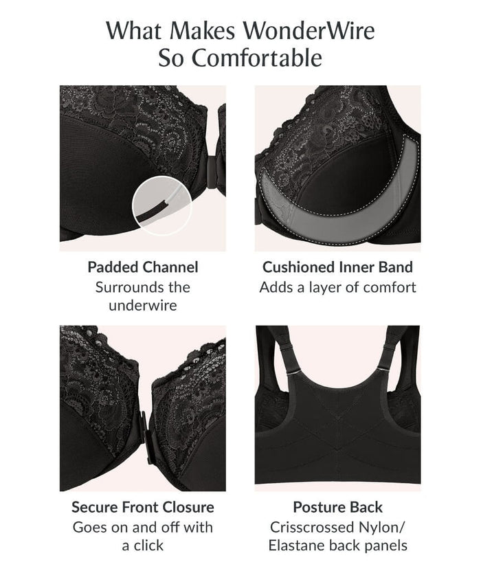 Glamorise WonderWire Front-Closure Posture Back Lace Bra - Black