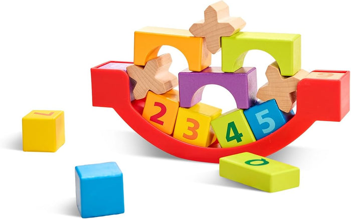 Colorful wooden blocks with numbers and shapes on a white background