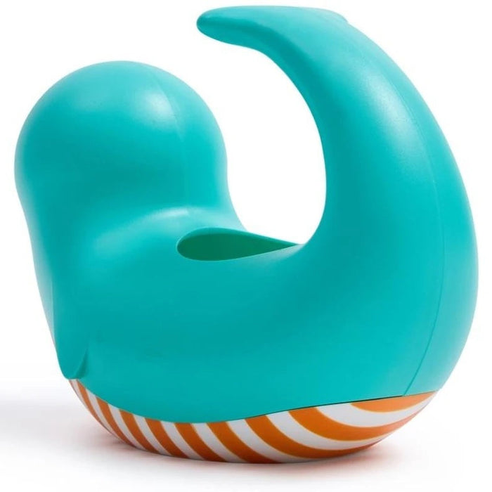 rear view of the multicolored plastic seal-shaped jug with a green body and white and orange stripes on the lower half, designed for water play.