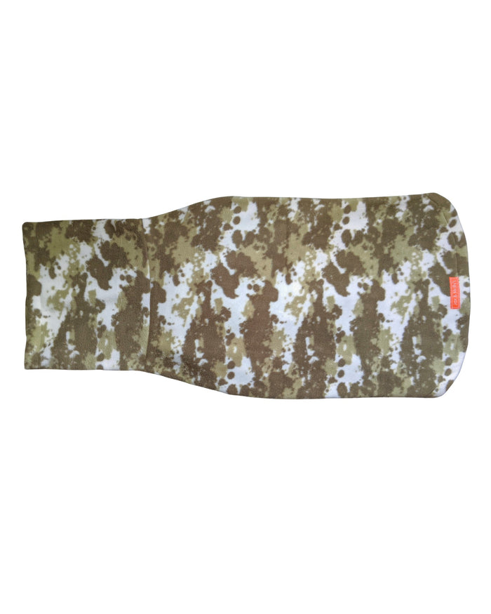Back view of Jax & Molly's 'The Hunter Dog Sweater' made from a fleece camouflage print.