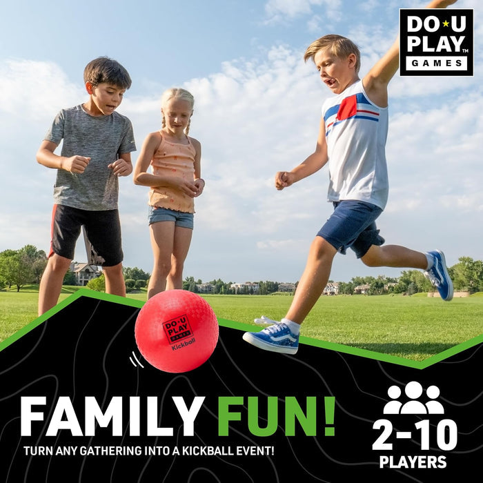 Children playing with a red ball on a grassy field, promoting family fun and outdoor games.