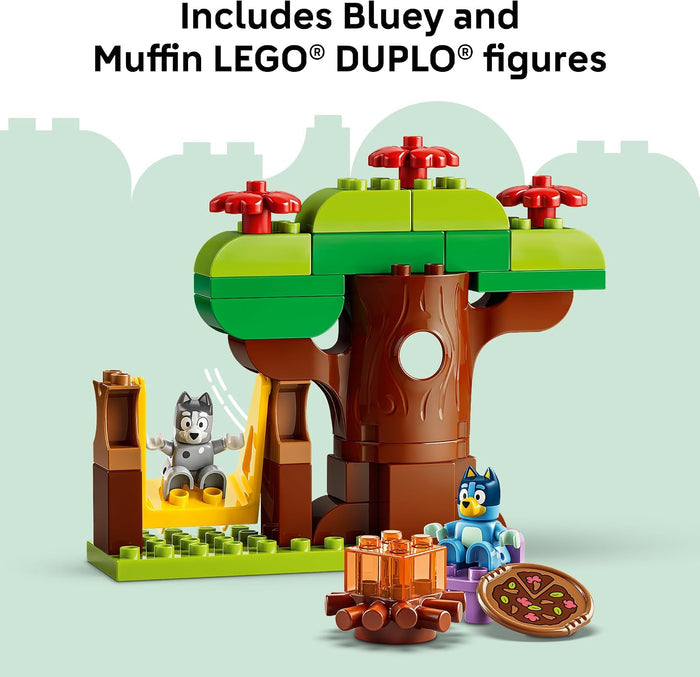 LEGO DUPLO treehouse set with Bluey and Muffin figures on a light green background
