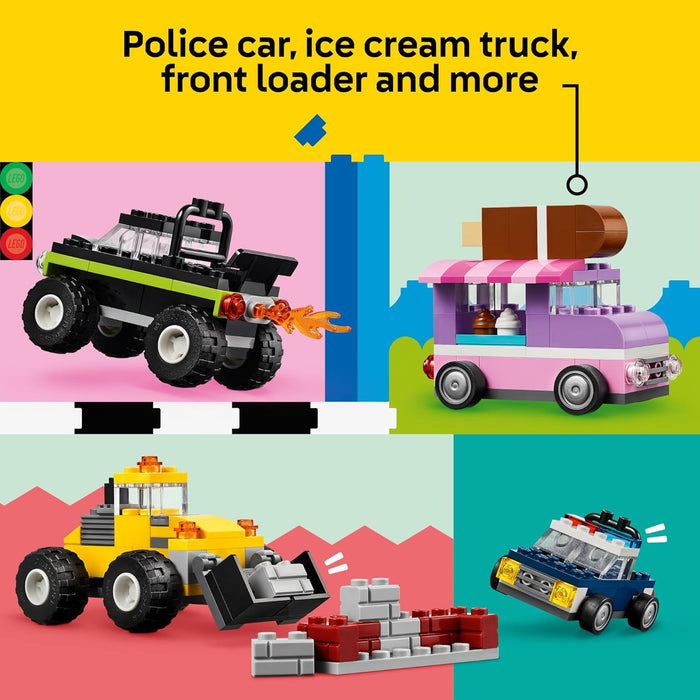 Set of toy vehicles including a police car, ice-cream truck, and front loader on a colorful background.