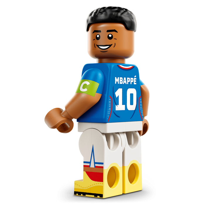 LEGO figure of a football player in a blue jersey with the number 10 on a transparent background