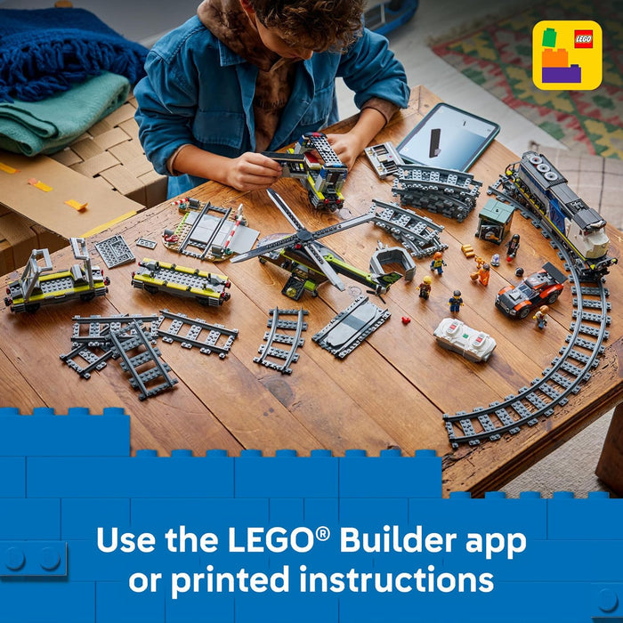 Child playing with LEGO train set on a wooden table, with LEGO logo and text promoting the LEGO Builder app.