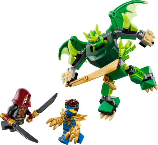 Toy figure set with a green dragon-like creature and two smaller figures on a white background