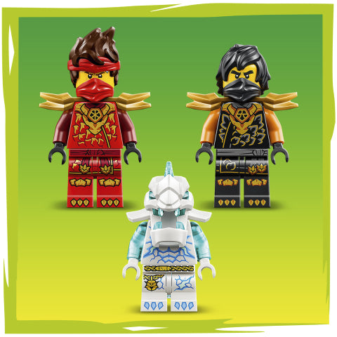 Three LEGO minifigures from the NINJAGO series shown against a green gradient background: a red fire ninja on the left, a black water ninja on the right, and a white ice ninja in the foreground.