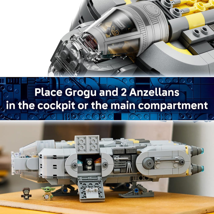 Close-up of a detailed model spaceship with text instructions on a blue brick pattern background.