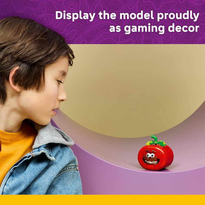 Child looking at a small red figurine with a purple background and text about gaming decor.