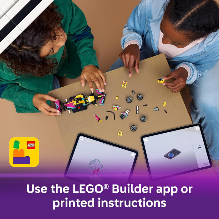 Two children playing with LEGO pieces on a table, using tablets with LEGO Builder app or printed instructions.