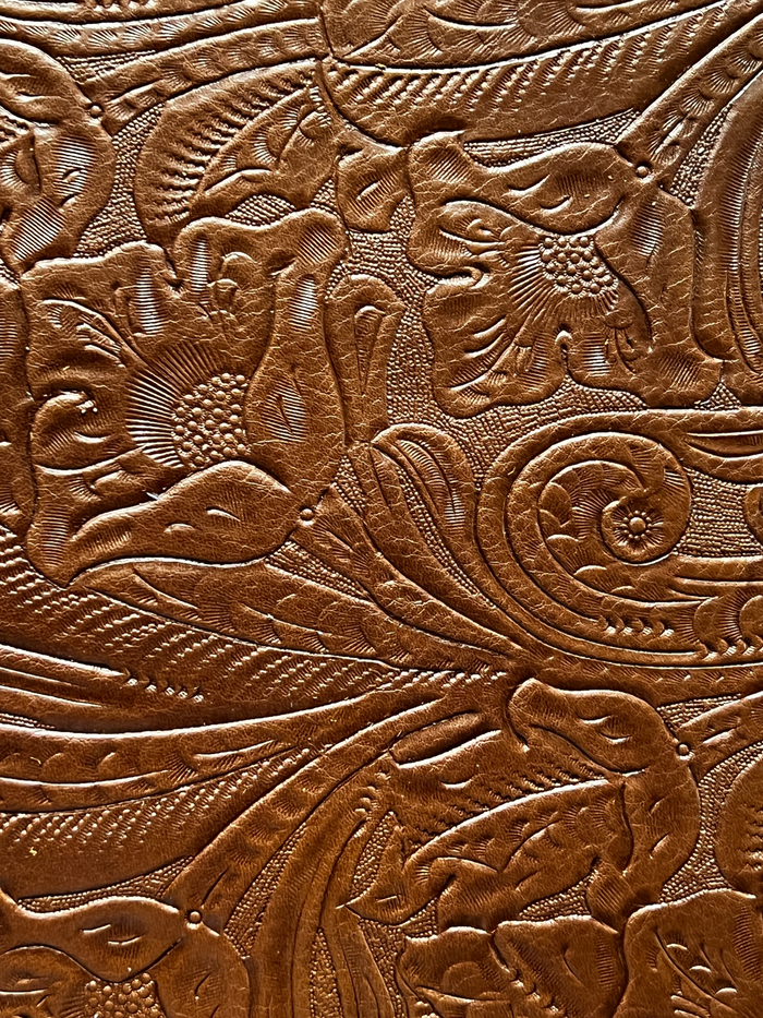 Luggage Brown Floral Cowhide Sheets close view showing grain and texture
