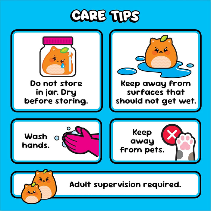 Cartoon cat illustrations with care tips on a blue background