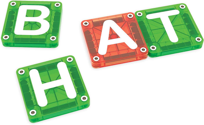 Green and red letter tiles spelling the words Bat and Hat on a white background