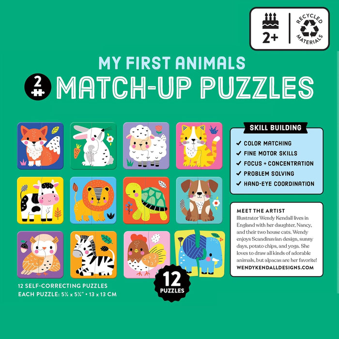 Front cover of a children's puzzle book titled "My First Animals Match-Up Puzzles" on a bright green background. The cover shows colorful animal illustrations in a grid, text noting 12 self-correcting puzzles, a 2+ age icon, a recycled materials icon, and a skills-building benefits panel.