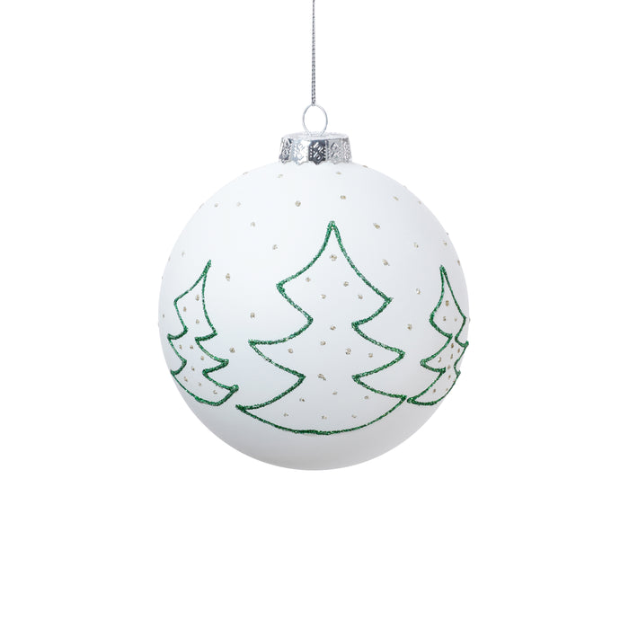 Matt White Glass Ball Ornament with Green Tree Silhouette