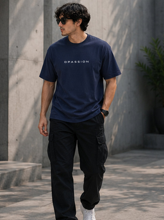 Men's Oversized Drop Shoulder T-Shirt | Pure Cotton Relaxed Fit Round Neck Streetwear Activewear Tee (Navy Blue)
