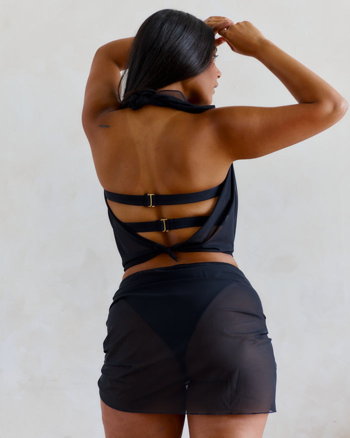 mesh scarf worn as a top