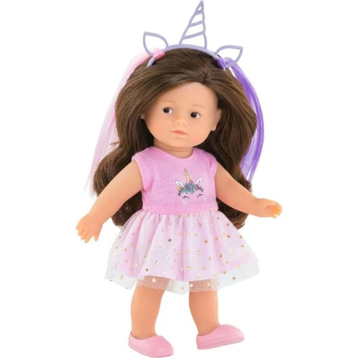 Doll with pink unicorn dress and headband on a white background