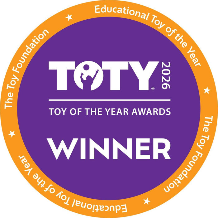 Award badge for 'Toy of the Year 2026' winner with purple center and orange border.