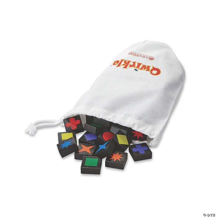 Qwirkle tiles in bag on a white background.