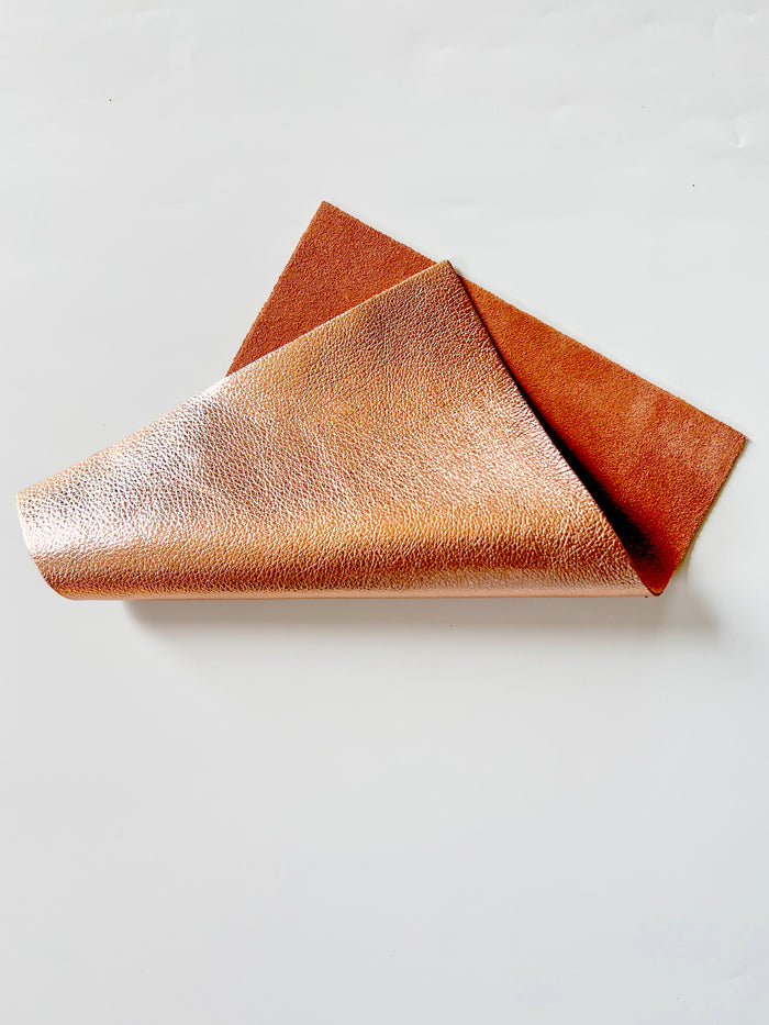 Rose Gold Metallic Cowhide Sheets, 8.5 × 11 in close view showing grain and texture