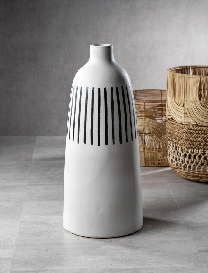 Salento All White Earthenware Vase w/ Black Stripes - Vases by Carlyle Avenue